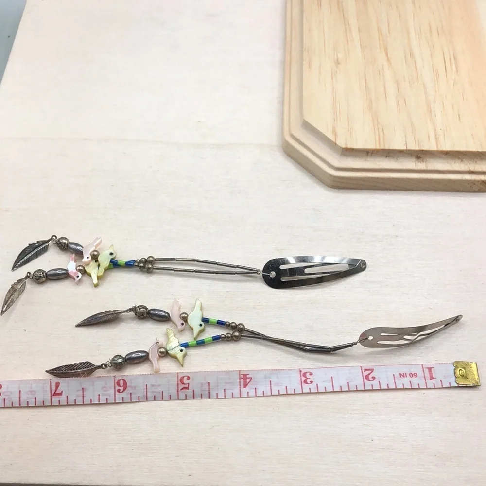 Upcycled Native American Totem Birds Long Dangle Hair Clips Lot 2 Festival Boho